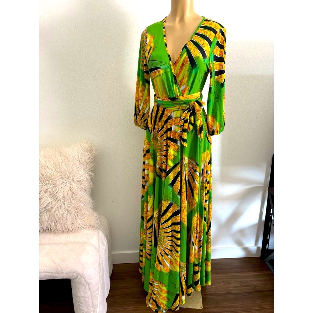 Green and Yellow Wrap Dress